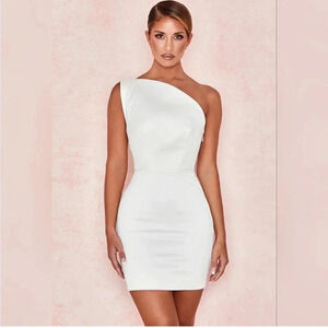 HOUSE OF CB 'Ayelen' Ivory Duchess Satin One Shouldered Mini Dress